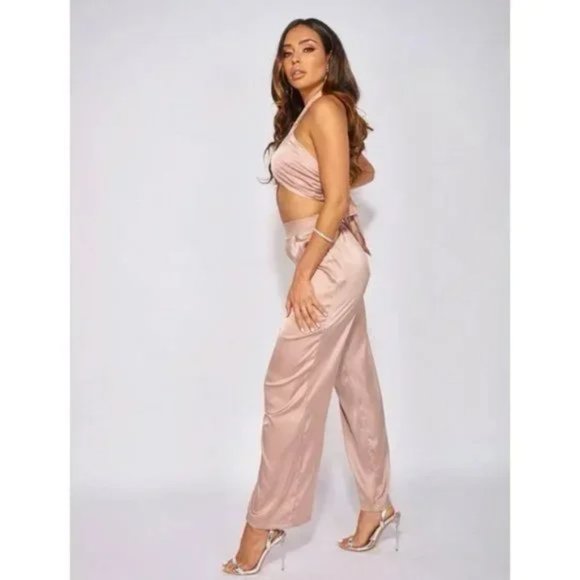Nude Satin Silk Halter Neck Crop Top and High Waist Wide Leg Pants Two Piece Set - Picture 5 of 17